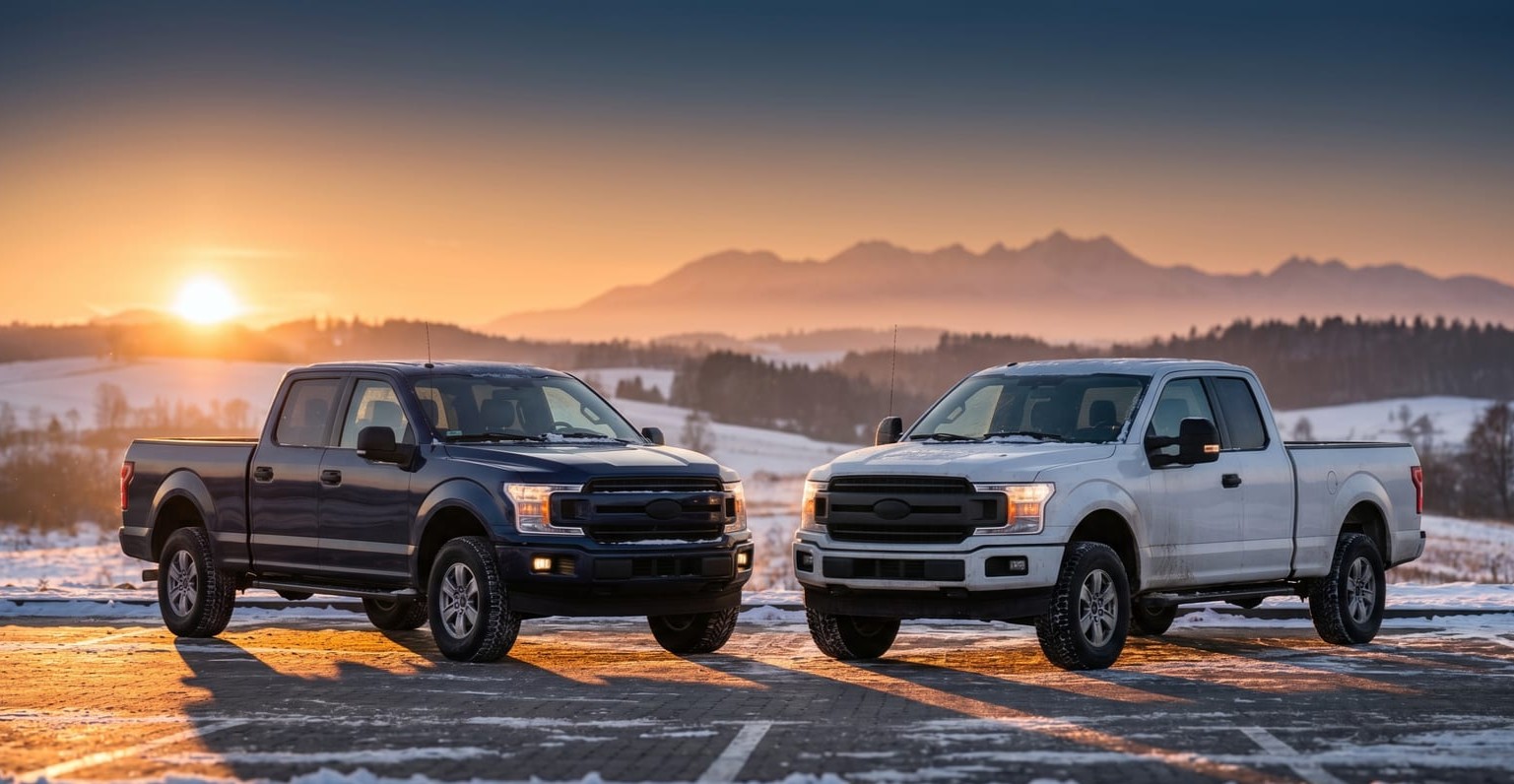 Amerykański SUV i kanadyjski pickup na tle flag USA i Kanady — porównanie opłacalności importu do Polski 2026