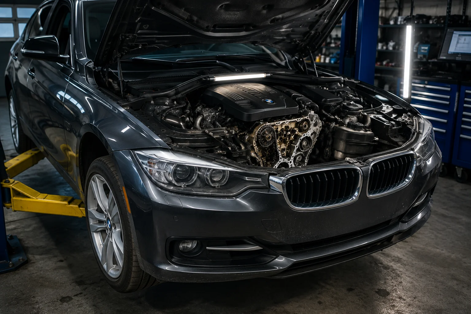 BMW serii 3 F30 z USA podczas weryfikacji łańcucha rozrządu silnika N20 w warsztacie