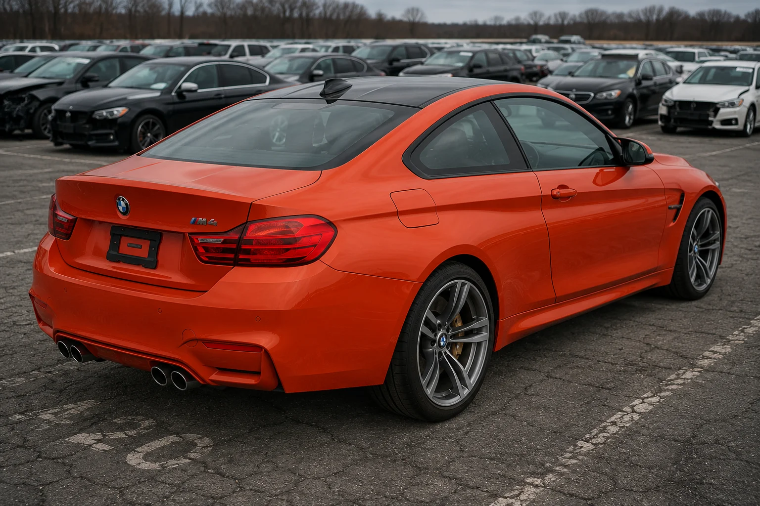 BMW M4 F82 w odcieniu Sakhir Orange z silnikiem S55 na placu aukcyjnym IAAI