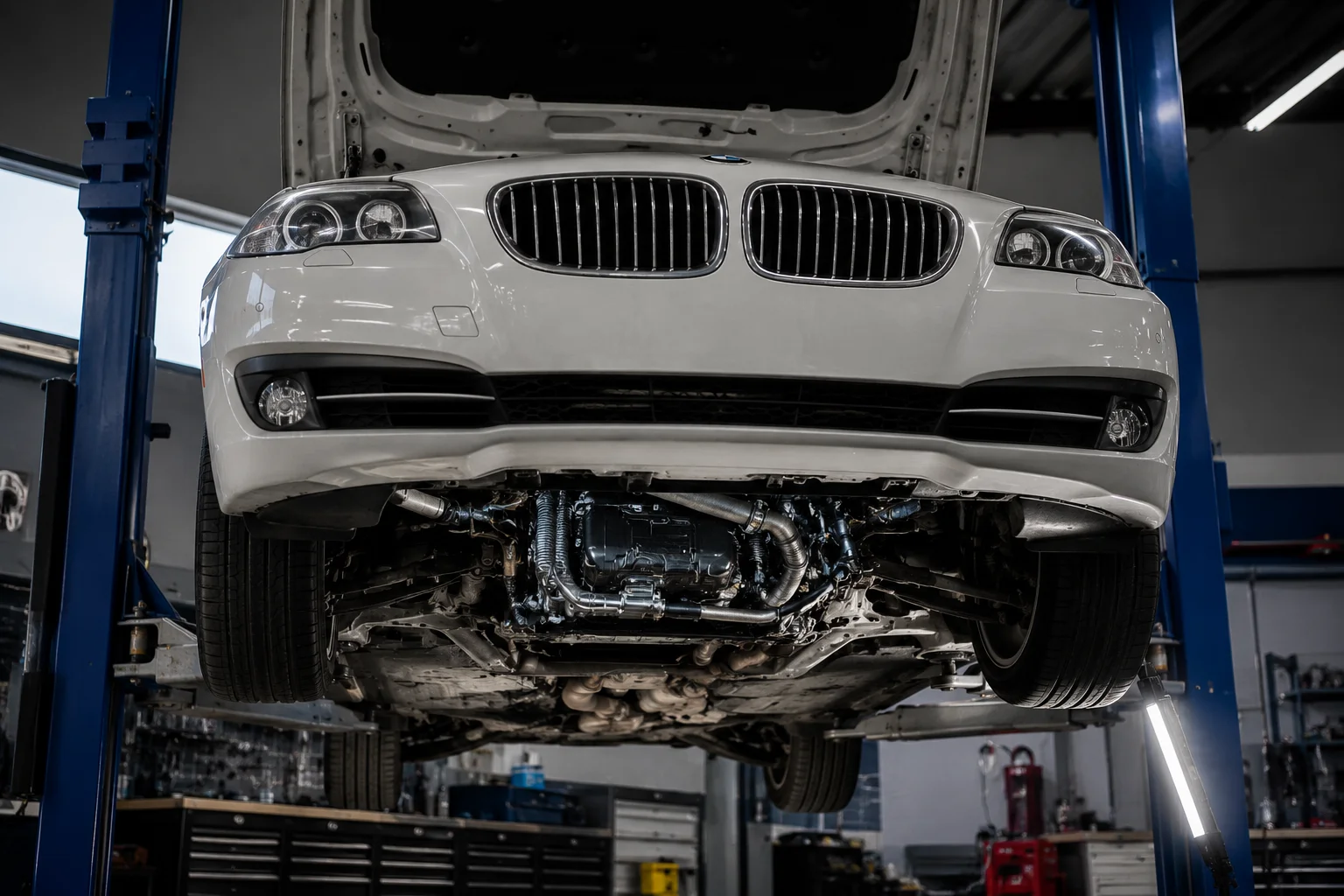 BMW serii 5 F10 z USA podczas weryfikacji technicznej silnika N55 na podnośniku warsztatowym