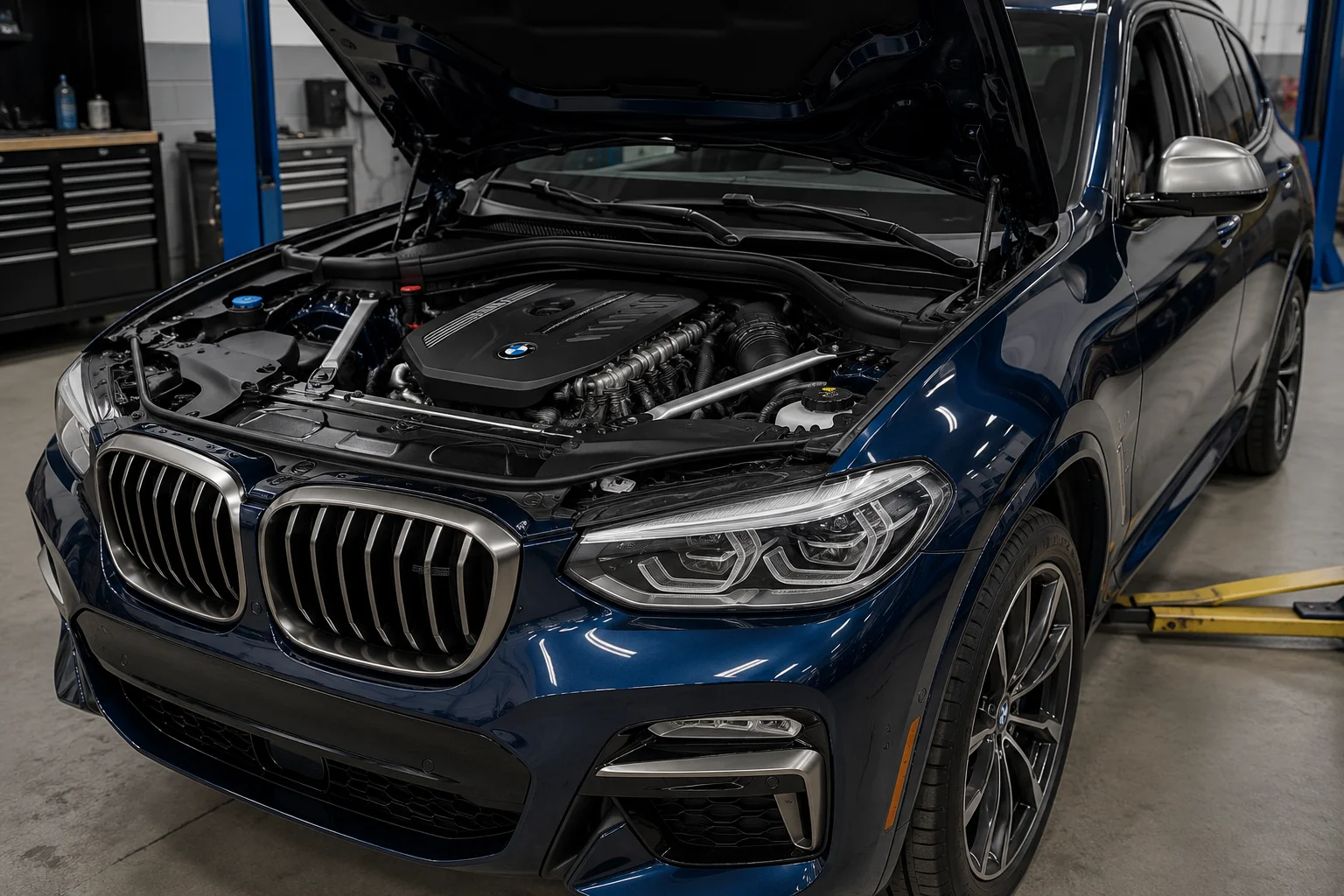 BMW X3 G01 podczas weryfikacji silnika B58 w warsztacie z otwartą maską