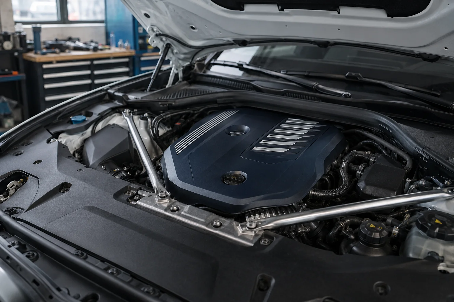 Silnik BMW B58 w wersji M40i w warsztacie z otwartą maską podczas kontroli serwisowej