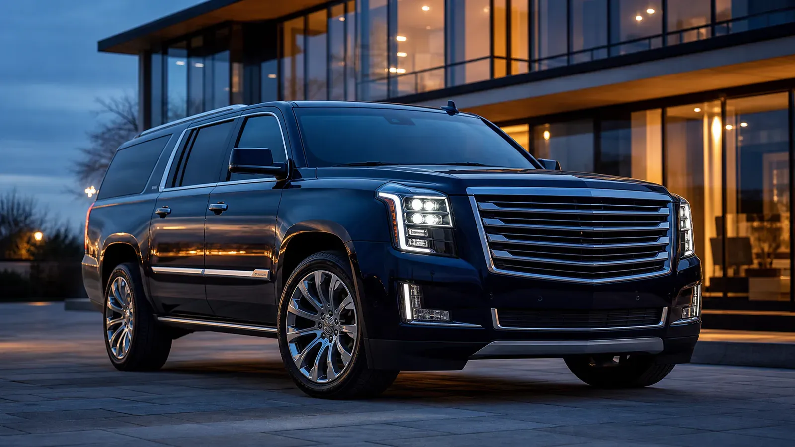Cadillac Escalade z USA na tle miasta, import dużego SUV-a do Polski w 2026 roku