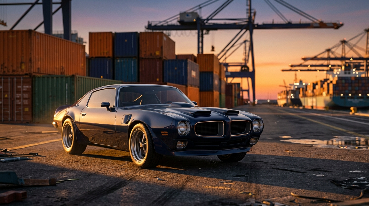 Klasyczny amerykański muscle car na tle kontenerowca w porcie przed załadunkiem do Polski