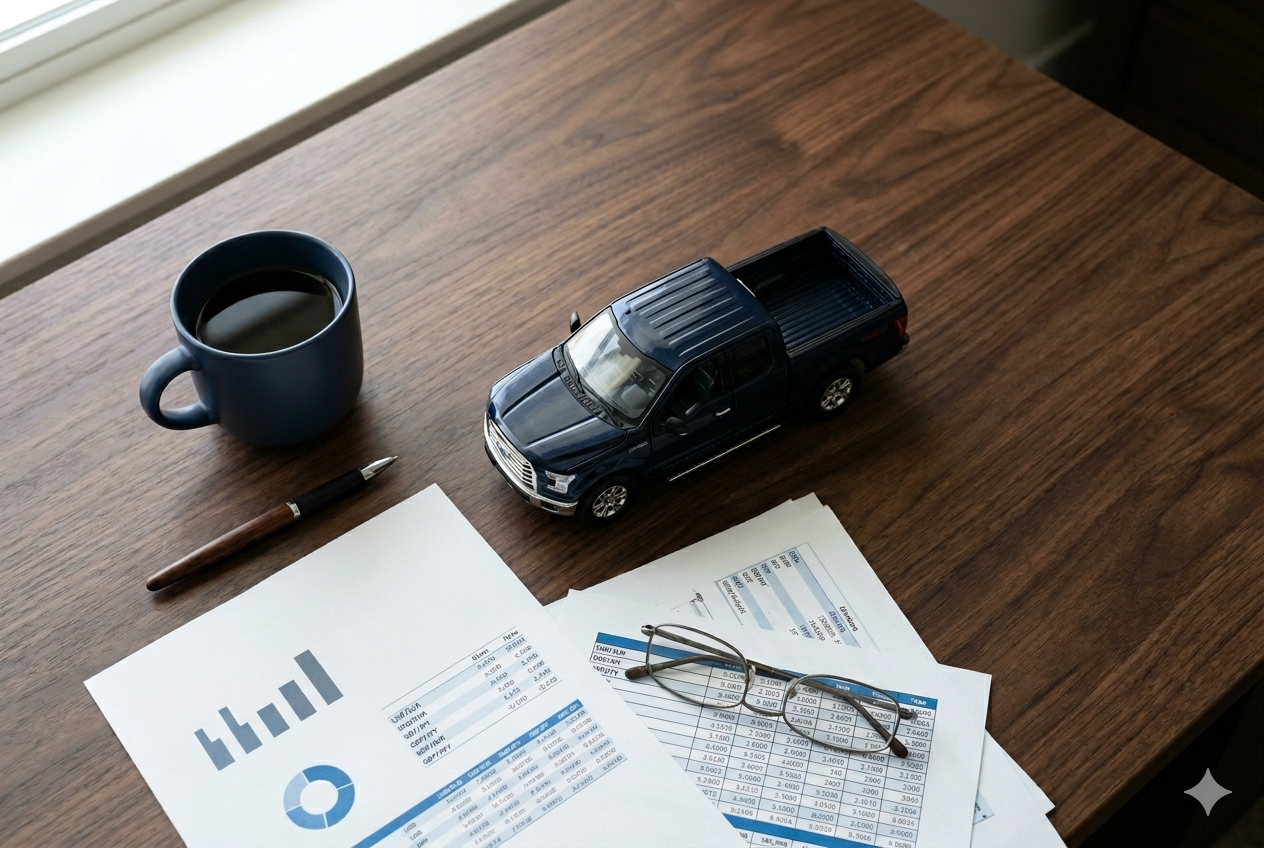 Dokumenty i kalkulator na biurku przy planowaniu importu auta z USA do Polski w 2026 roku