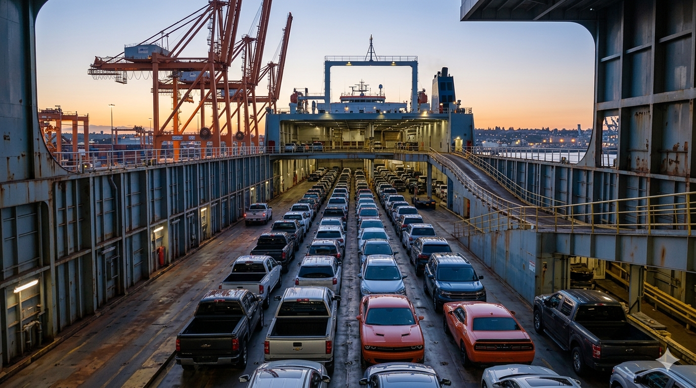 Samochód na pokładzie statku RoRo podczas transportu morskiego z USA do Polski