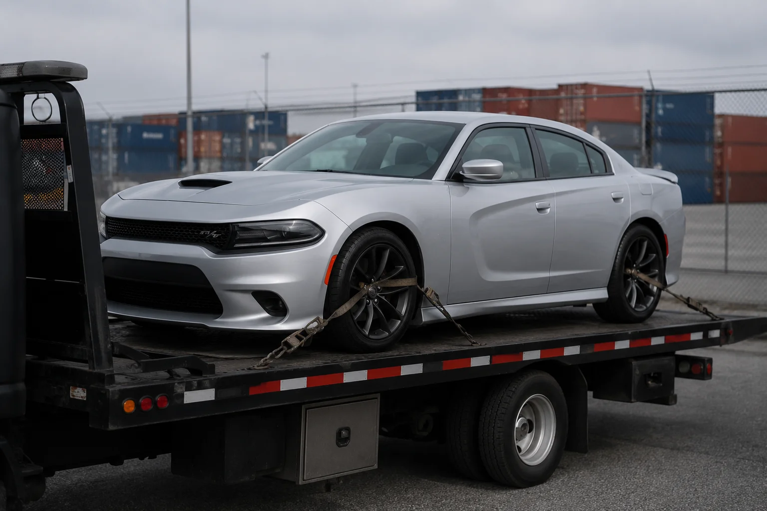 Dodge Charger R/T sedan czterodrzwiowy w wersji cywilnej zaparkowany na lawecie przed transportem