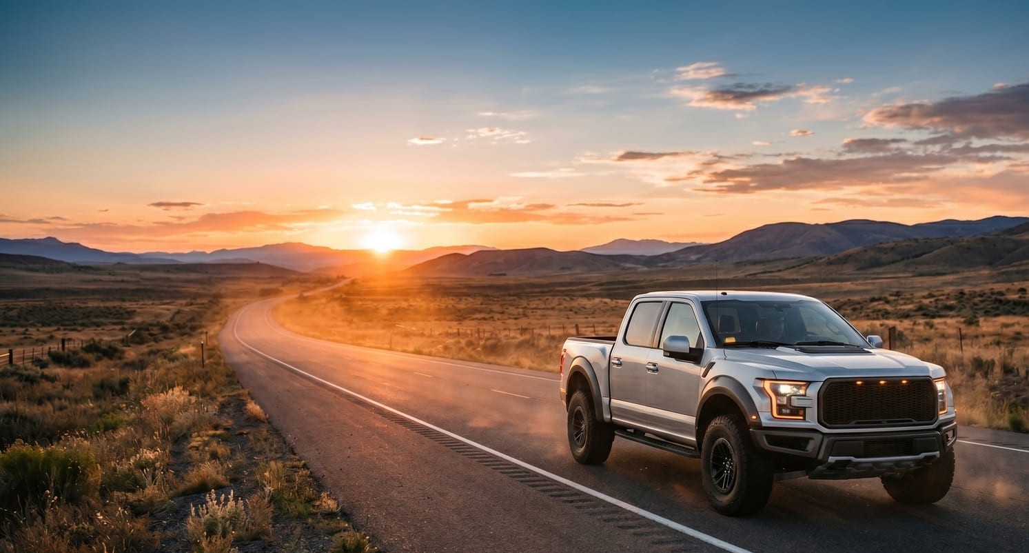 Ford F-150 XLT w kolorze srebrnym na amerykańskiej autostradzie przed transportem do portu — import do Polski 2026