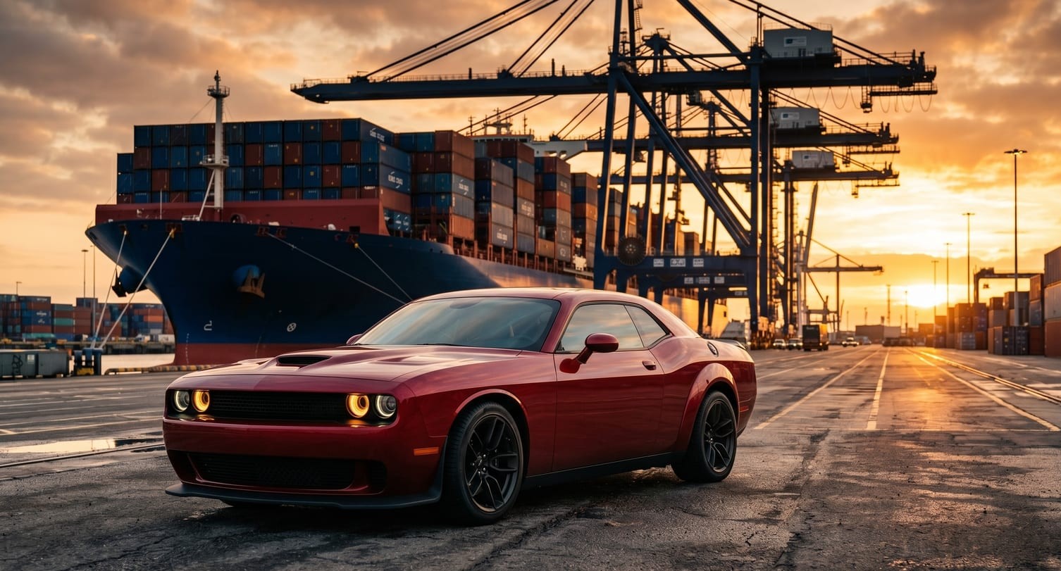 Ford Mustang GT 5.0 na lawecie w porcie przed załadunkiem na statek do Polski — import z USA 2026