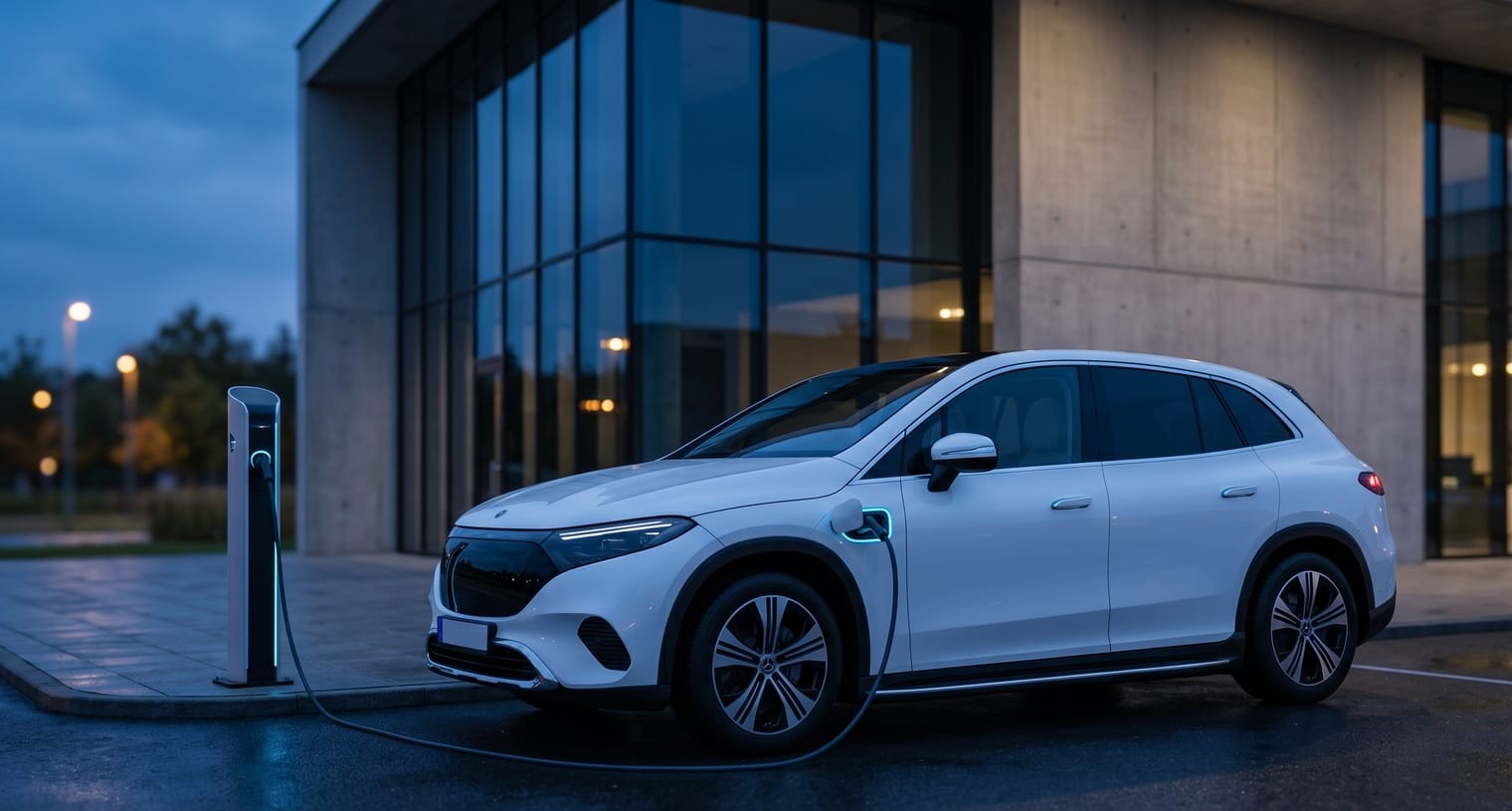 Tesla Model Y w kolorze białym przy stacji ładowania Supercharger — import ze Stanów do Polski 2026
