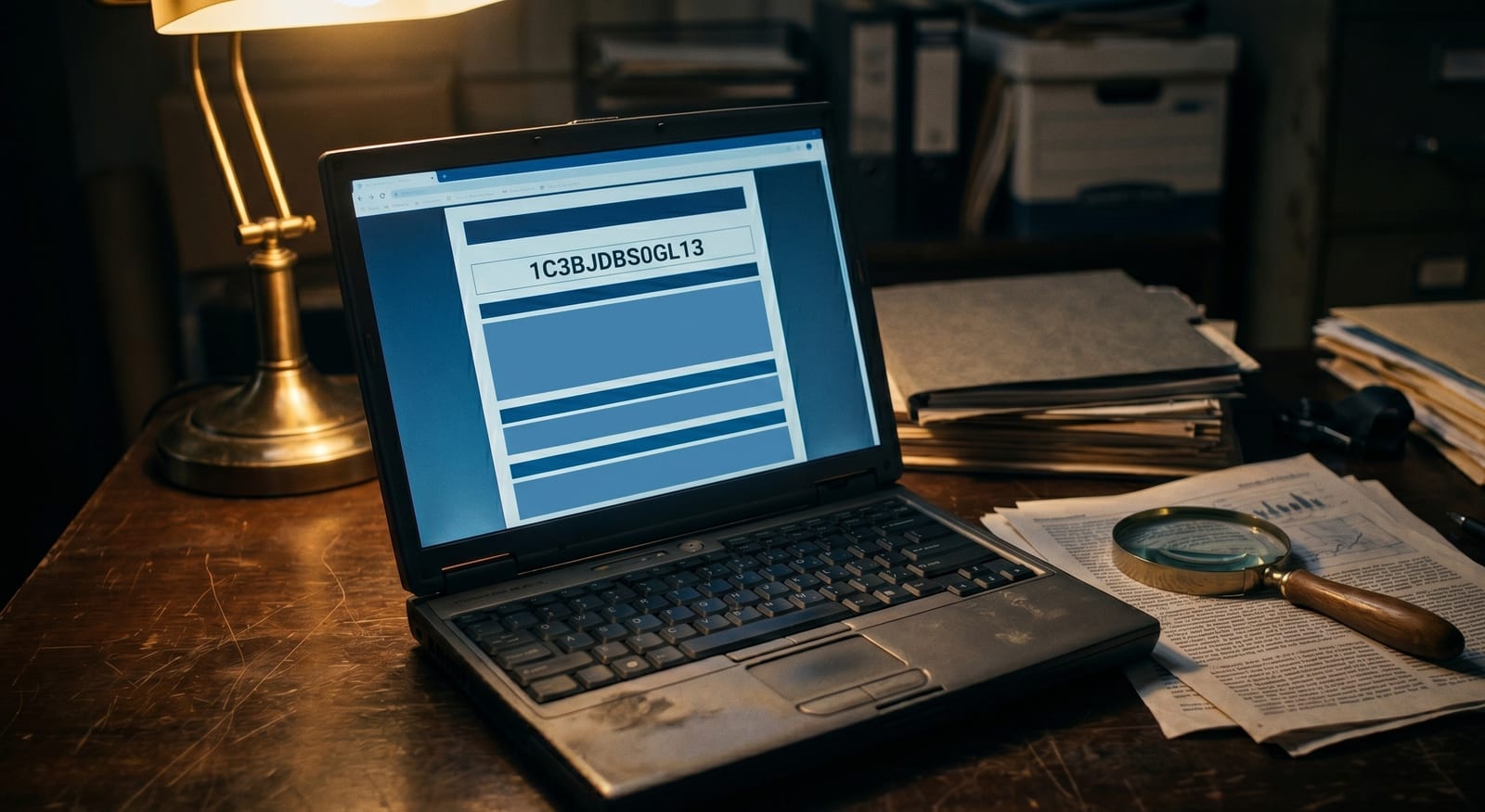 Laptop z wyświetlonym raportem historii pojazdu i numerem VIN przed licytacją Copart