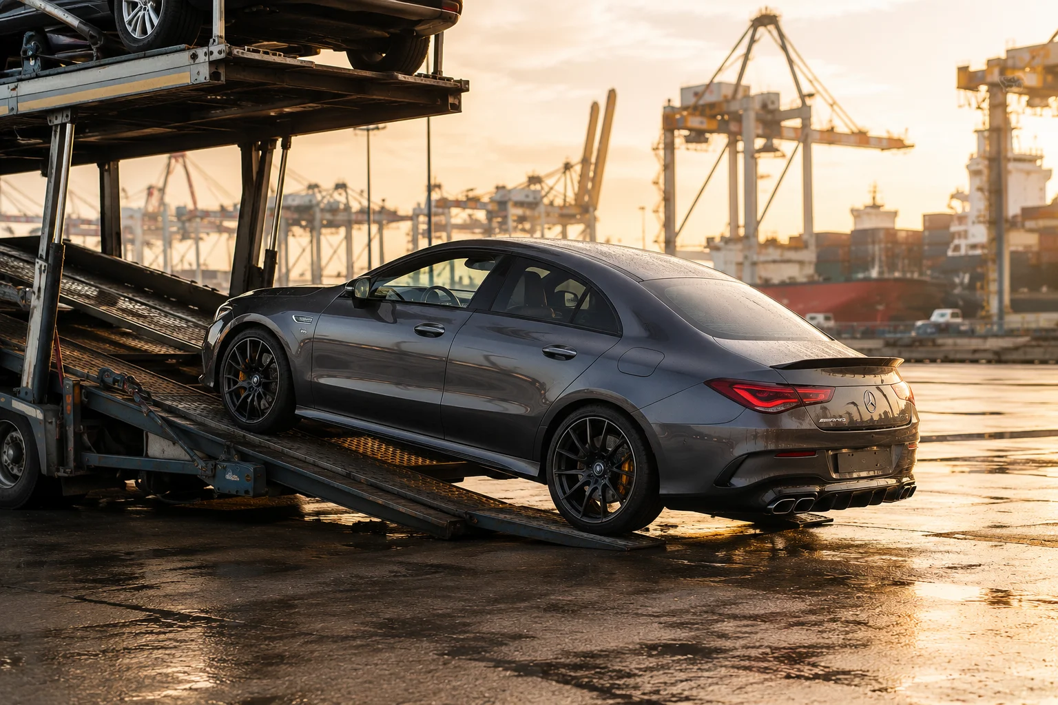 Mercedes CLA AMG sprowadzony z USA podczas rozładunku na lawecie w polskim porcie