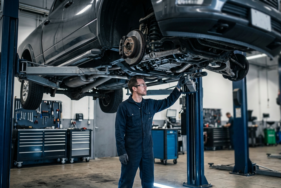 Samochód po szkodzie całkowitej z USA na podnośniku podczas badania technicznego w Okręgowej Stacji Kontroli Pojazdów OSKP