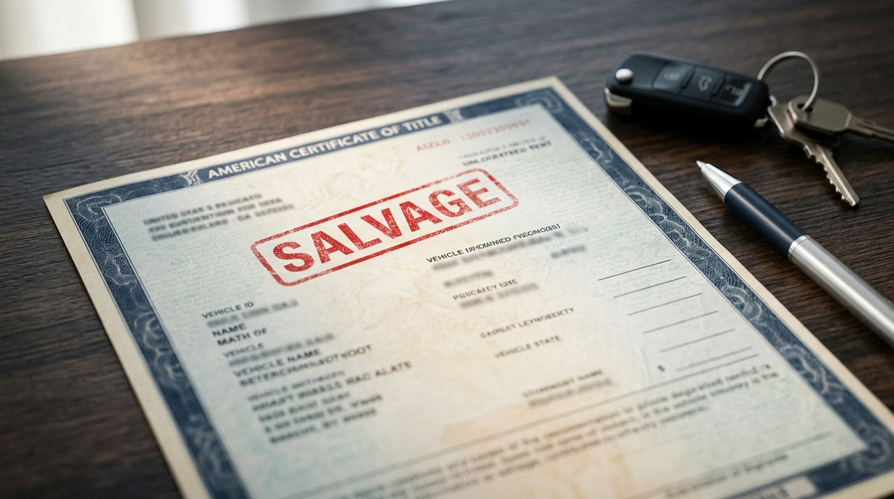 Dokument Certificate of Title z aukcji Copart z oznaczeniem Salvage na drewnianym biurku